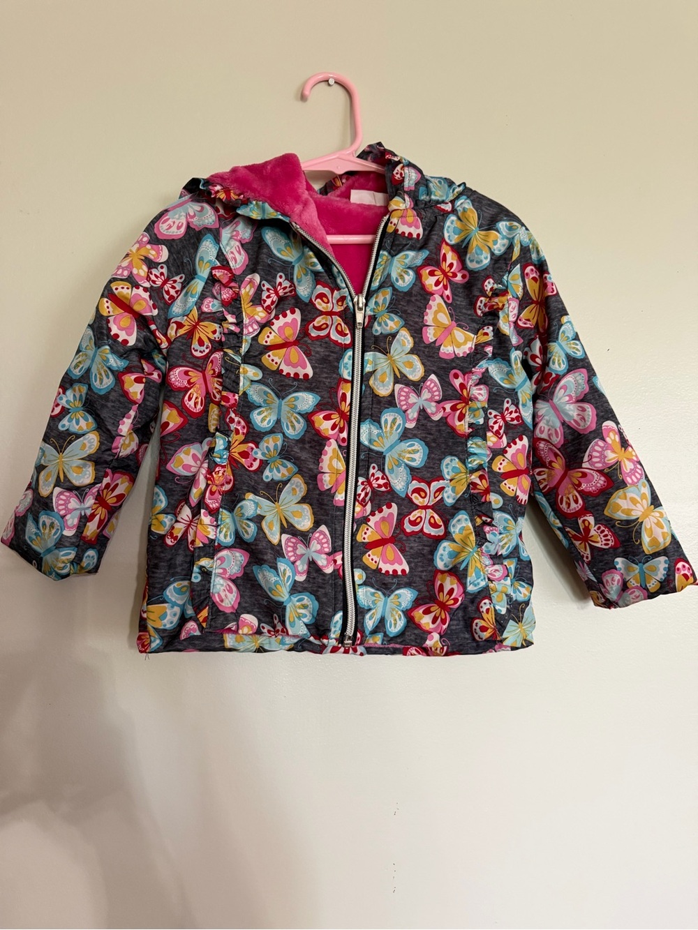 Penelope Mack Girls' Dark Gray Butterfly Print Puffer Jacket with Hood